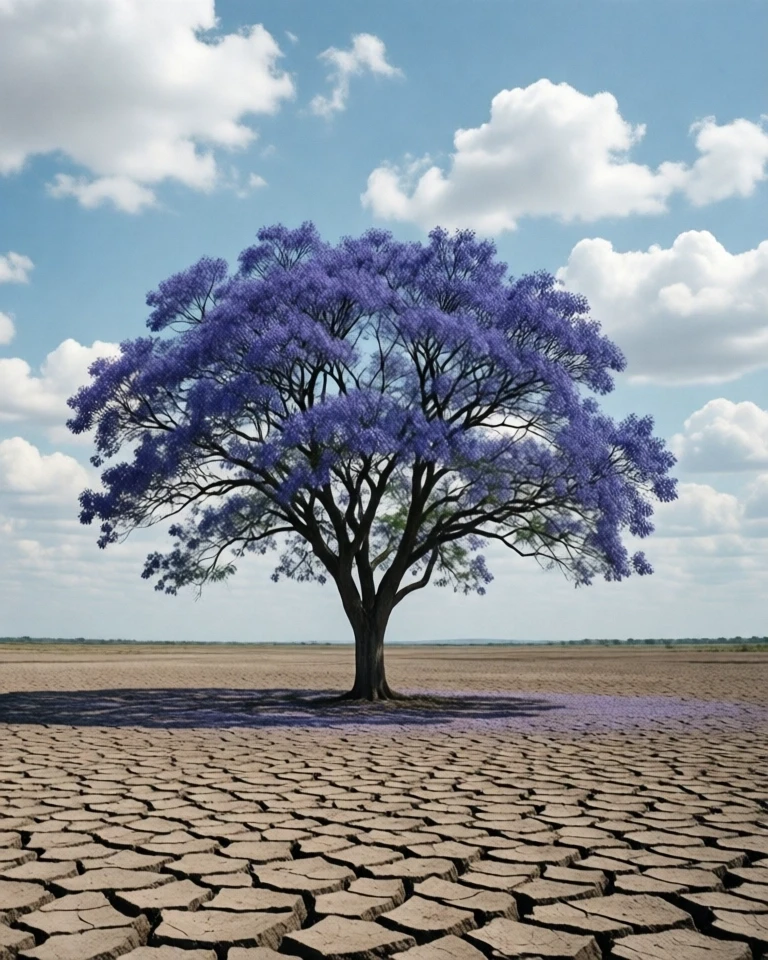 Example result. Prompt: a lone Blue Jacaranda tree growing in an expanse of cracked earth in a surreal landscape. the sky is pale blue with numerous puffy…