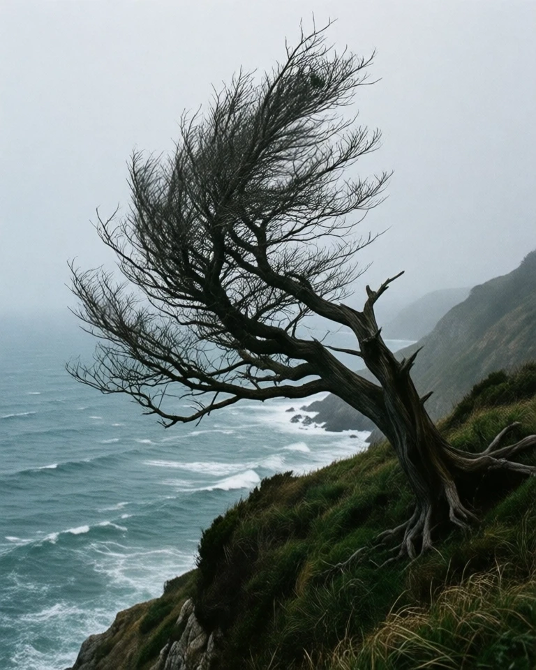 Example result. Prompt: a lone tree leafless tree on the side of a seaside cliff. the tree has been blown by the ocean wind over the years, and the limbs bend…