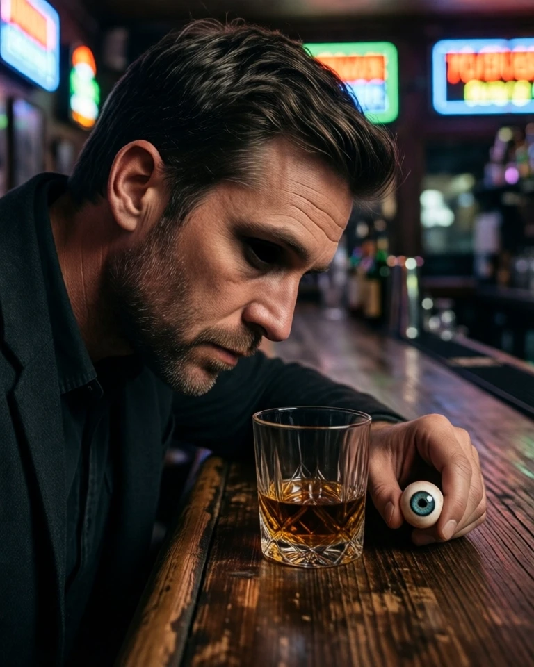Example result. Prompt: a man sitting at a rustic bar with colorful neon signs, with a bourbon in a rocks glass, viewed from the side. his head is facing…