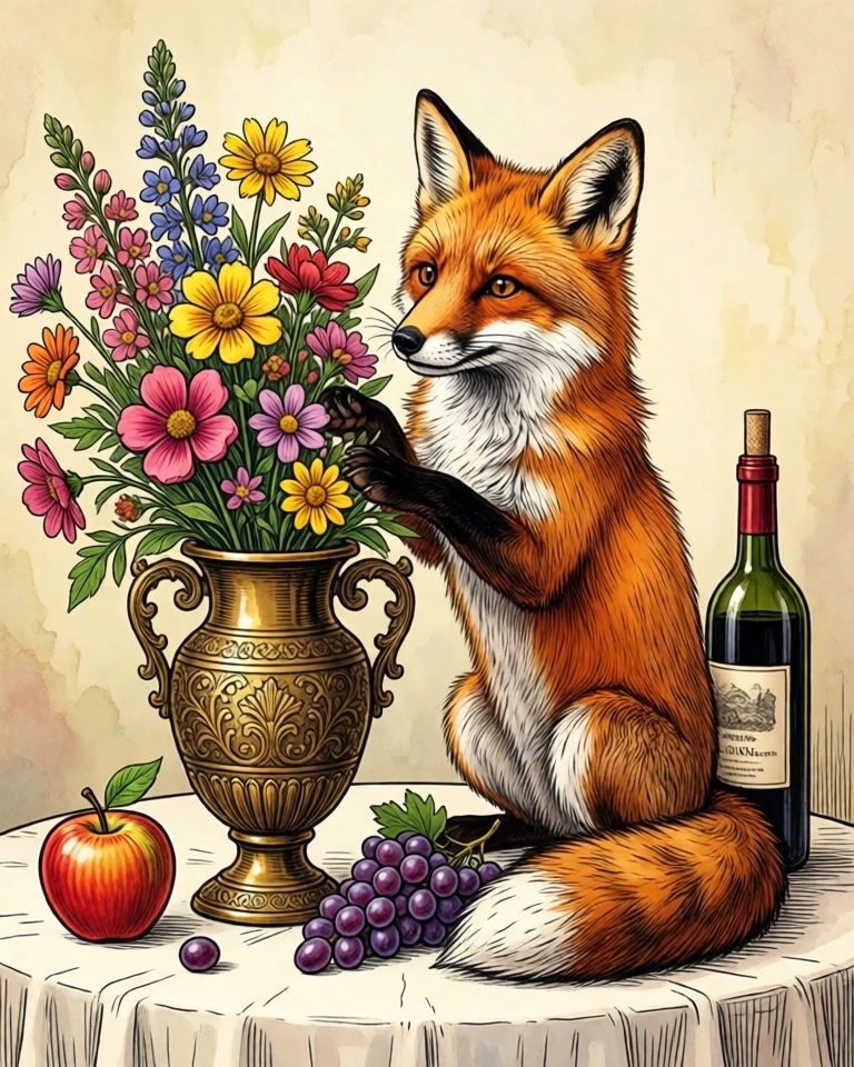 Example result. Prompt: a red fox standing on a table, arranging flowers in a carved antique brass vase. there is an apple, some grapes, and a bottle of wine…