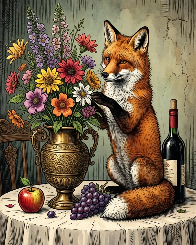 Example result. Prompt: a red fox standing on a table, arranging flowers in a carved antique brass vase. there is an apple, some grapes, and a bottle of wine…