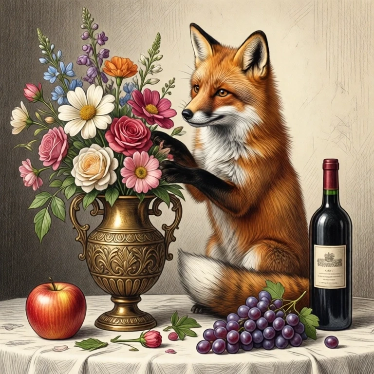 Example result. Prompt: a red fox standing on a table, arranging flowers in a carved antique brass vase. there is an apple, some grapes, and a bottle of wine…