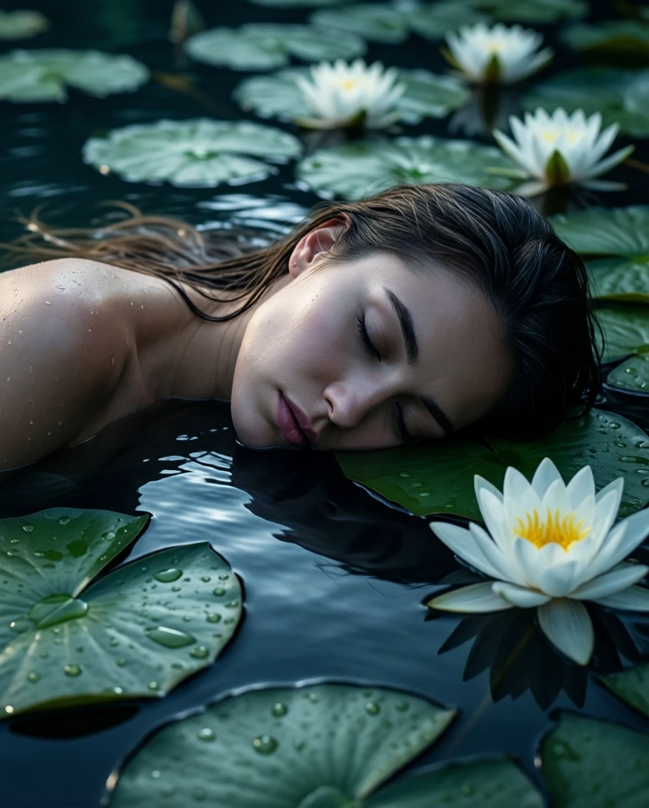 Example result. Prompt: A serene, ethereal scene of a young woman submerged in dark, still water surrounded by large green lily pads and blooming white water…