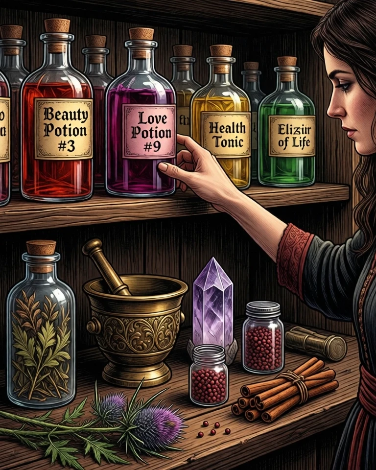 Example result. Prompt: a shopper buying potions from a witch's magic shop. there are bottles on the shelf with liquids labeled "Beauty Potion #3", "Love…