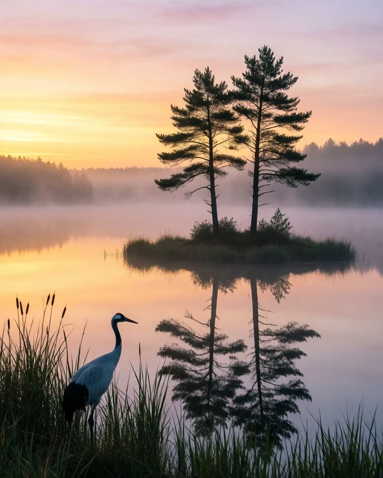 Example result. Prompt: A tranquil, photorealistic dawn landscape of a misty lake with a small island with two tall thin pine trees slightly right of center,…