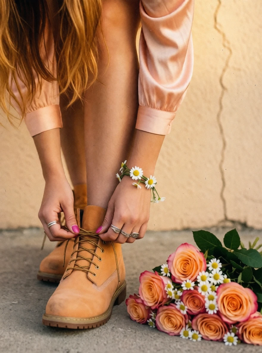 Example result. Prompt: Close-up, vertical composition of a young woman from mid-thigh down, bending down to tie the laces of chic pale orange suede boots,…