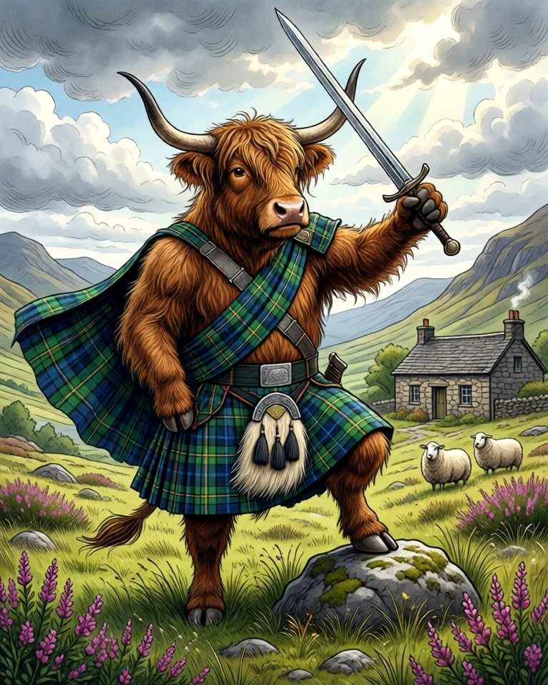 Example result. Prompt: an anthropomorphic highland cow, standing on his hind legs, with one hoof lifted onto a rock, in the highlands of Scotland. he is…
