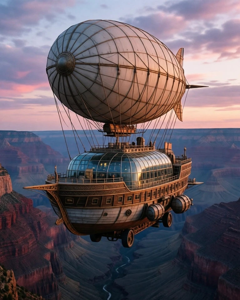 Example result. Prompt: an elaborate airship flying over a canyon. the balloon is off-white and spherical with multiple ropes attaching the balloon to the…