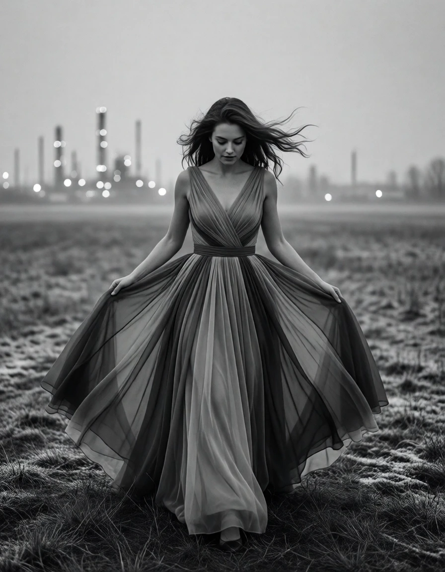 Example result. Prompt: an empty flat field in winter. in the distance, a refinery can be seen, lights glowing softly in the morning fog. a beautiful woman in…
