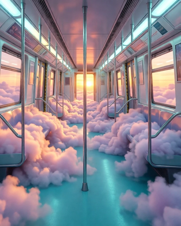 Example result. Prompt: An empty modern subway car filled waist-deep with billowing pastel clouds, surreal dreamscape interior rendered in soft cinematic…