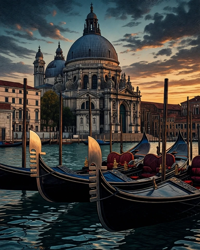 Example result. Prompt: Basilica di Santa Maria della Salute as seen from the gondola dock at San Marco (Vallaresso). gondolas in the foreground. detailed ink…
