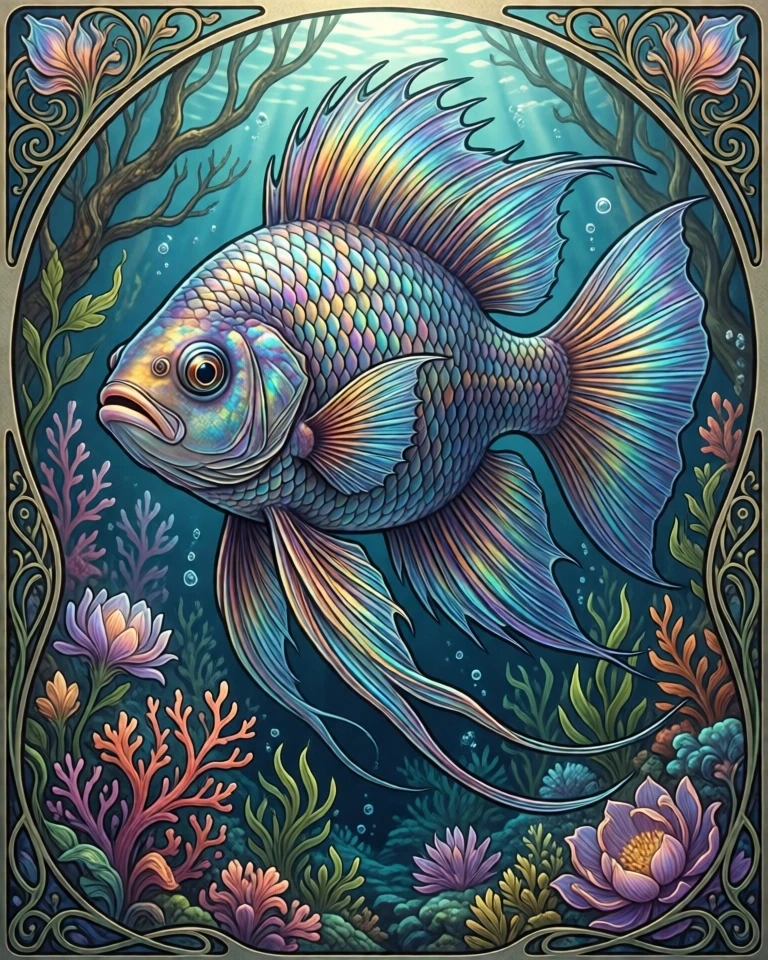Example result. Prompt: beautiful fish with opalescent scales in a fantasy underwater garden. graphic illustration with curvilinear forms in Art Nouveau…