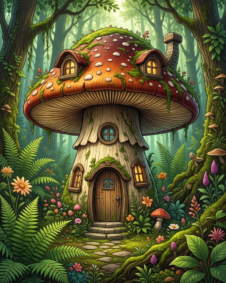 Example result. Prompt: beautiful mushroom house with windows in the cap and a door in the stem, in a forest with ferns and leafy plants, flowers and moss,…