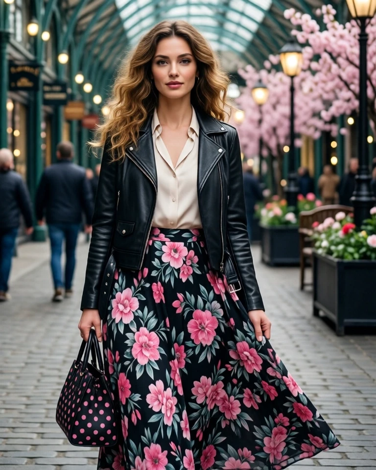 Example result. Prompt: beautiful woman with curly blonde hair, wearing a cream blouse, leather jacket, and a long floral print circle skirt with pinks and…