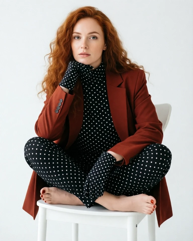 Example result. Prompt: beautiful woman with long curly red hair. she is wearing a polka dot pattern on mock turtleneck blouse and long stretch pants. the…