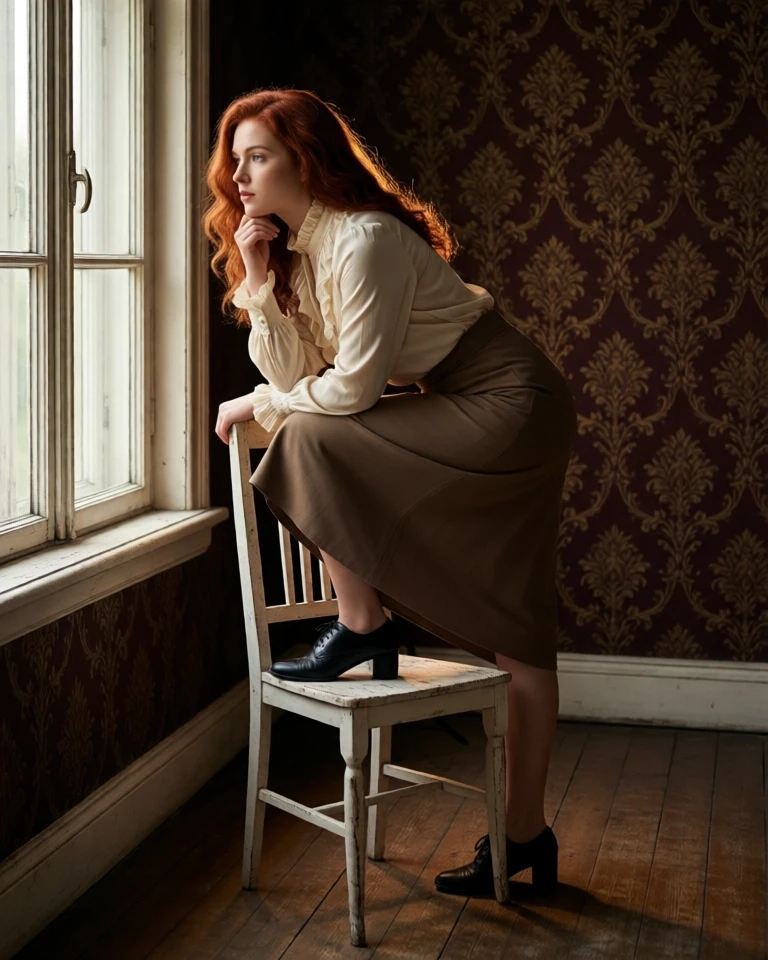 Example result. Prompt: cinematic portrait of a beautiful woman with wavy red hair, standing on a worn white wooden chair by a tall vintage window, posed in a…