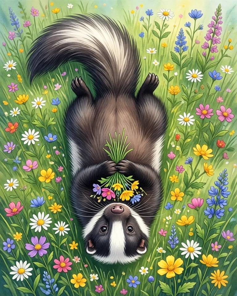 Example result. Prompt: cute skunk, laying on her back, upside down, in a wildflower meadow, holding a bunch of flowers to her nose. top down perspective.…