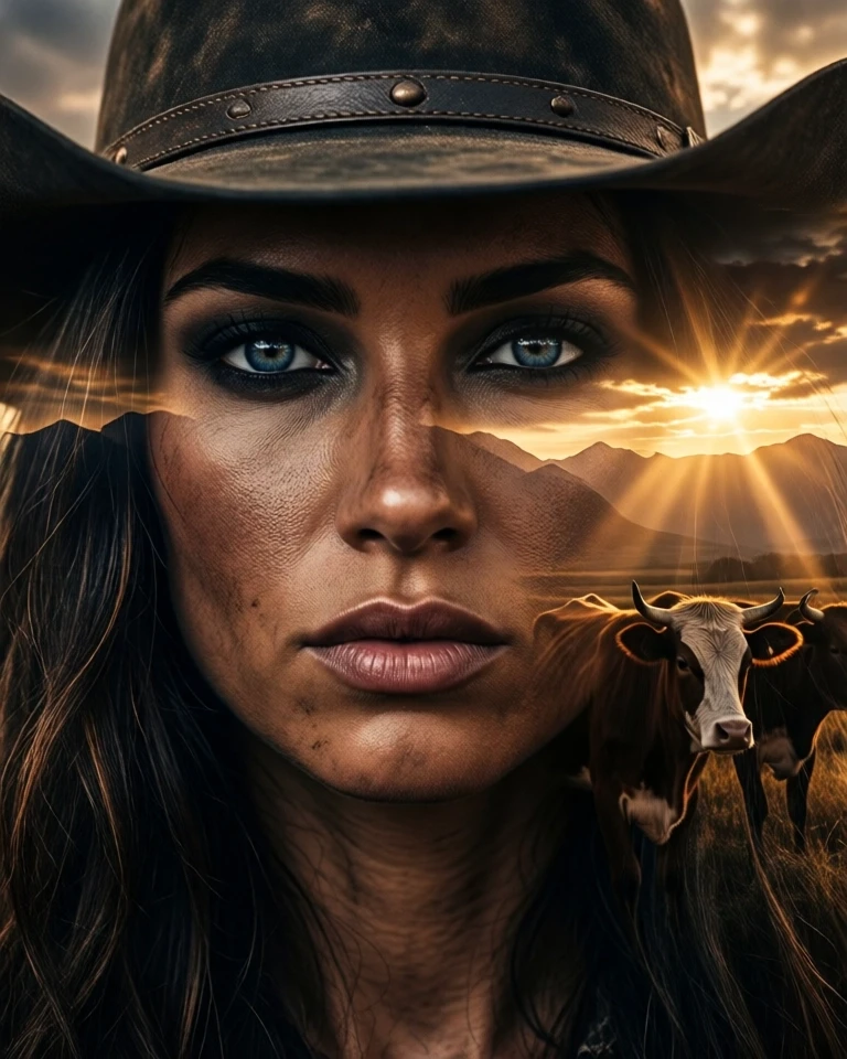 Example result. Prompt: Dark luxurious double exposure portrait of a sensual cowboy woman with bold smoky blue eyes, intense shadows, dusty skin. Dramatic…