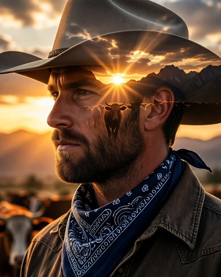 Example result. Prompt: double exposure portrait; high quality close up profile of a cowboy wearing a cowboy hat and a navy-and-white paisley neckerchief with…