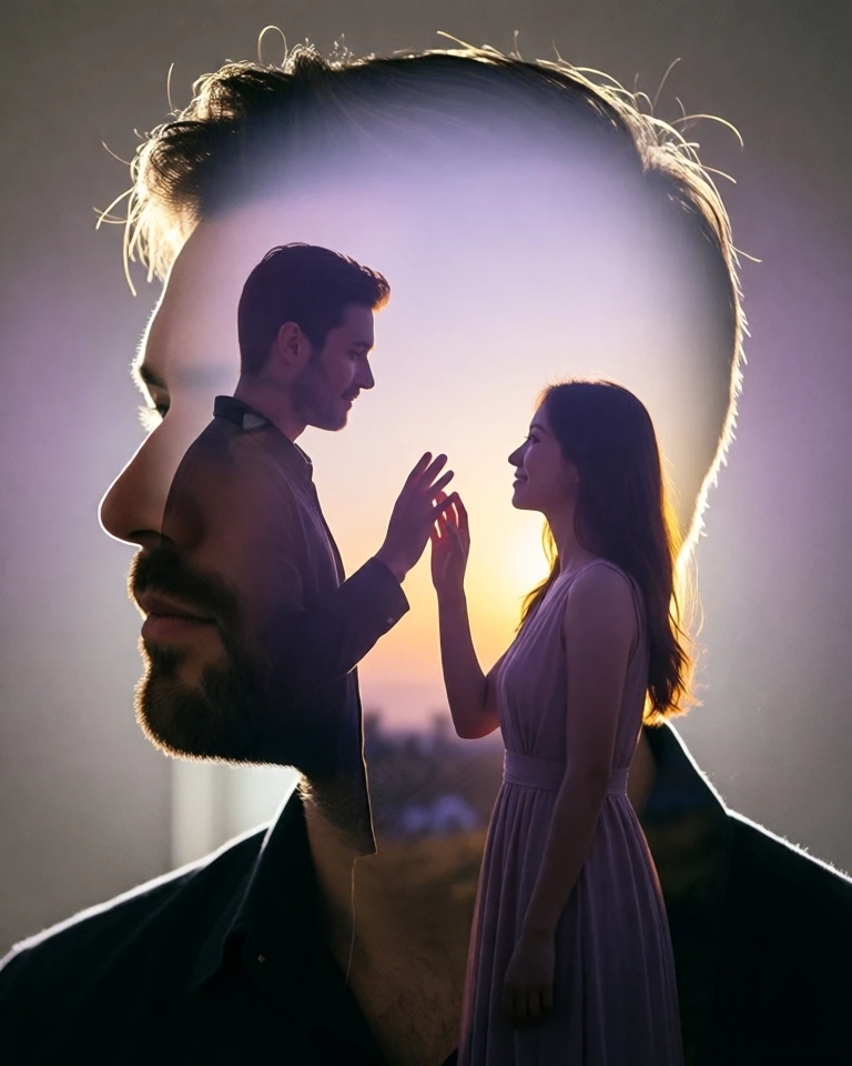 Example result. Prompt: double exposure portrait, clean minimal silhouette of a man's face, soft rim light; inside the man's silhouette is the double exposure…