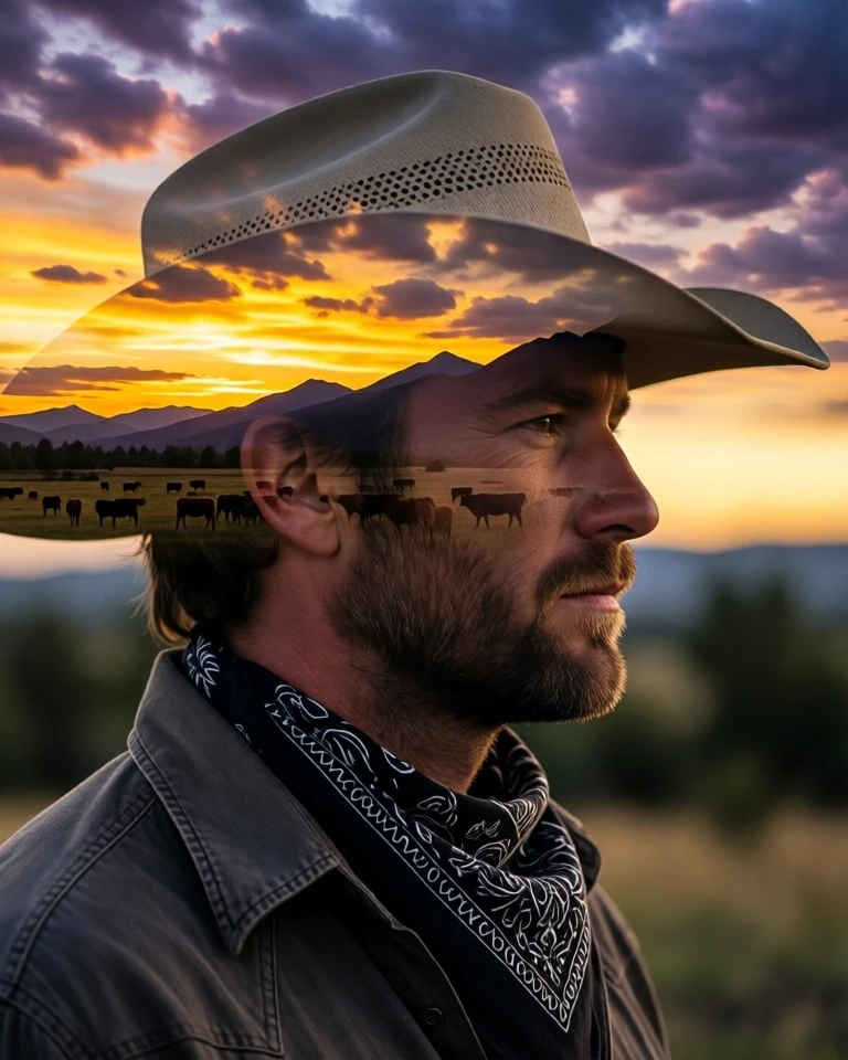 Example result. Prompt: double exposure portrait, very close half profile portrait of a cowboy wearing a cowboy hat and a neckerchief with a lay-down collar…
