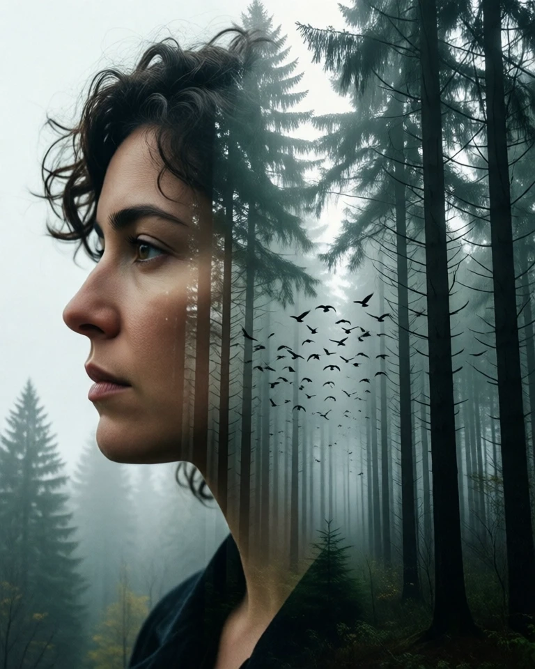 Example result. Prompt: double exposure portrait, a woman's face in profile, facing left, artistically blended into a forest that fills the right side of the…