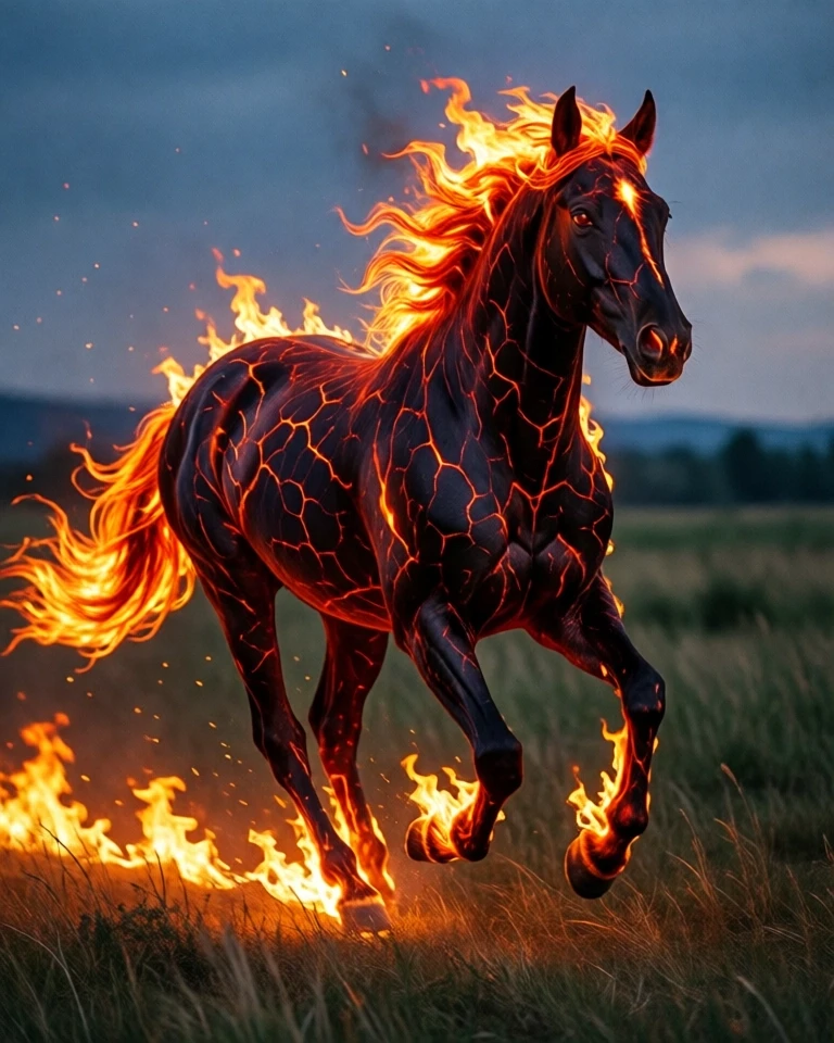 Example result. Prompt: glowing fire horse running through an open field at dusk. the horse is a Chinese fire horse, a creature of spirit and myth. the horse…