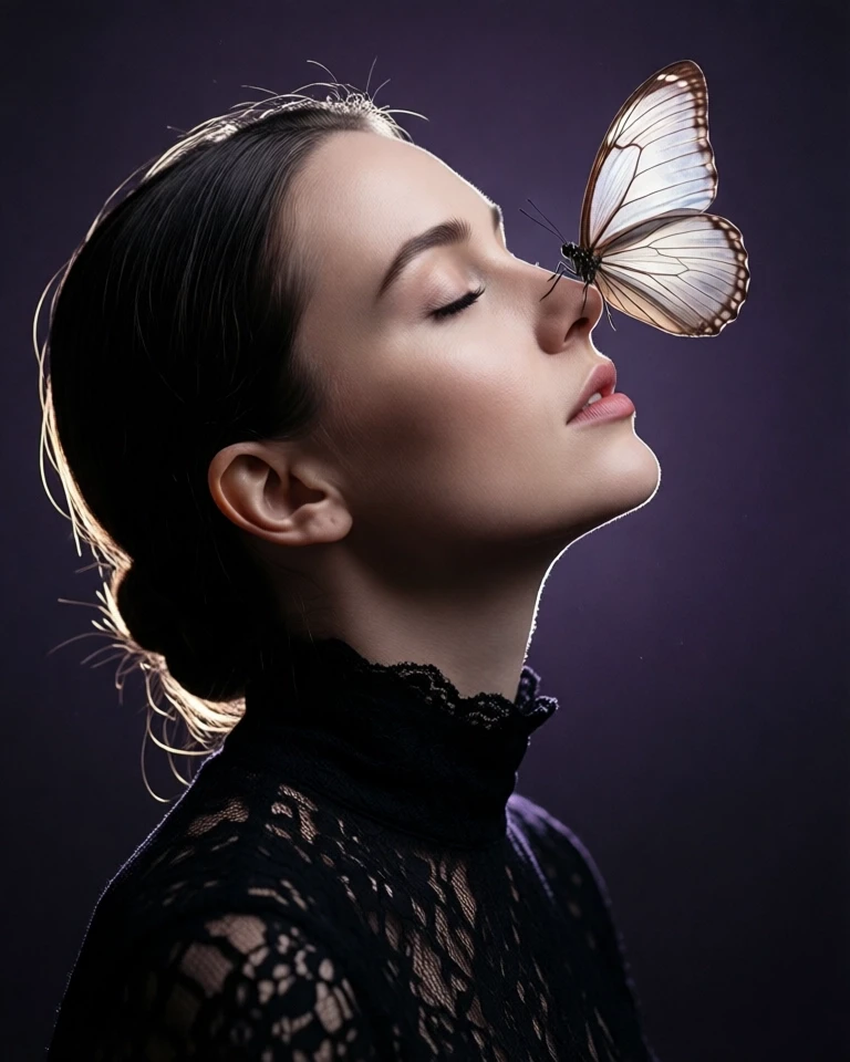 Example result. Prompt: High-contrast portrait of a serene woman in profile, head tilted back, eyes closed, lips parted as a large translucent butterfly…