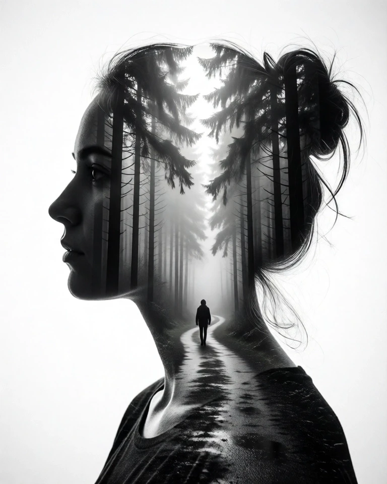 Example result. Prompt: High‑contrast black and white double‑exposure portrait: left‑facing female profile silhouette seamlessly filled with a misty forest…