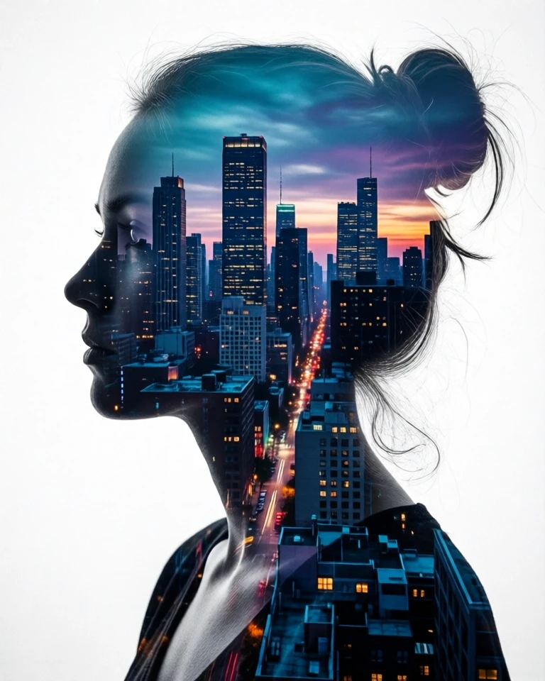 Example result. Prompt: High‑contrast black and white double‑exposure portrait: left‑facing female profile silhouette seamlessly filled with a downtown city…