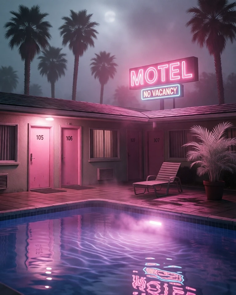 Example result. Prompt: Misty nocturnal motel courtyard scene bathed in neon pink light: a retro single‑story motel with pastel pink doors numbered 105, 106…