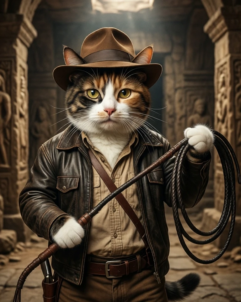 Example result. Prompt: photorealistic portrait of a calico cat dressed as indiana jones, wearing a shirt and leather jacket, holding a long coiled-up whip in…