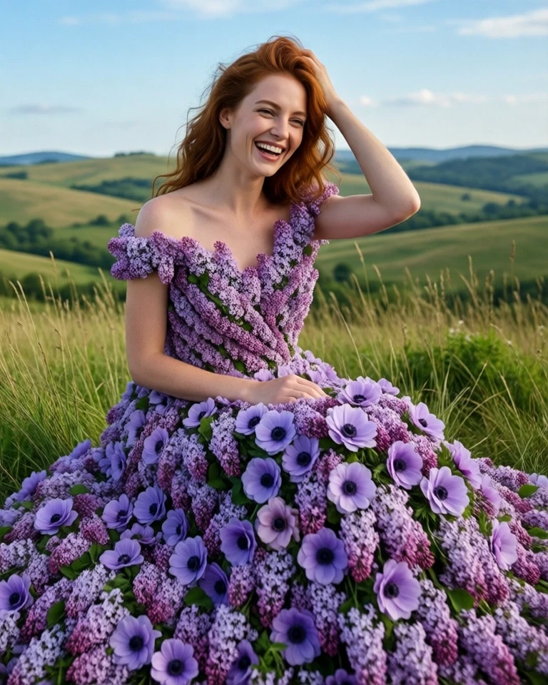 Example result. Prompt: redhead woman, close portrait, wearing a full gown made of light purple flowers. most of the flowers are lilac flowers with Anemones…