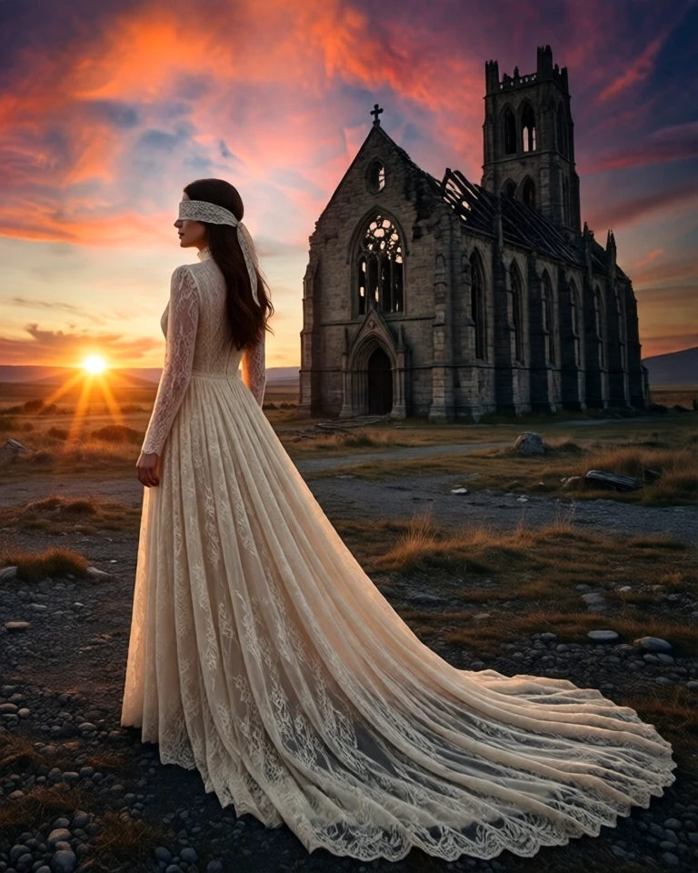 Example result. Prompt: surreal artwork of a woman with dark brown hair, viewed from the side. she is wearing a cream lace mock turtleneck dress with an…