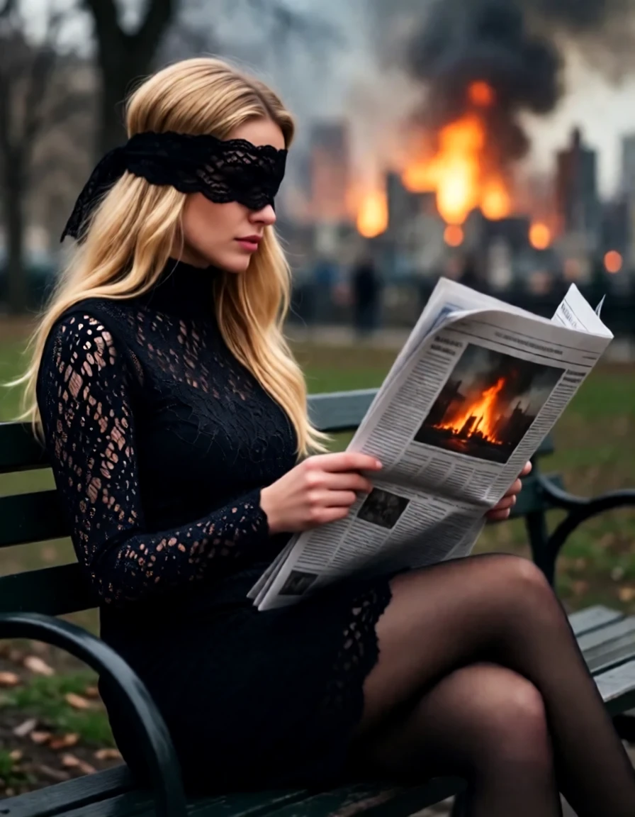 Example result. Prompt: blonde woman seen from the side, sitting on a park bench. she is wearing a black lace mock turtleneck dress and matching lace…