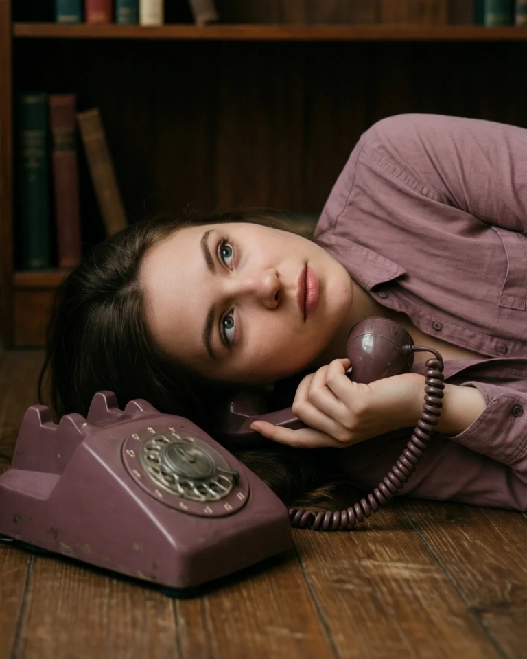 Example result. Prompt: This photograph depicts a young woman with fair skin and brown hair lying on a wooden floor, gazing upward with a contemplative…