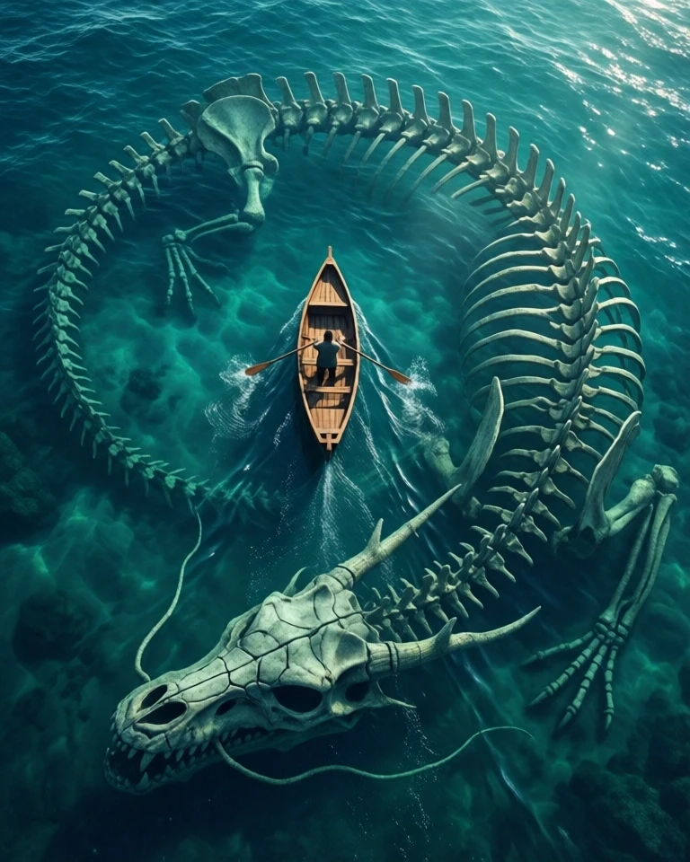 Example result. Prompt: vertical top-down view of a small wooden rowboat drifting on a deep crystalline teal ocean, a lone figure rowing with oars dipping and…