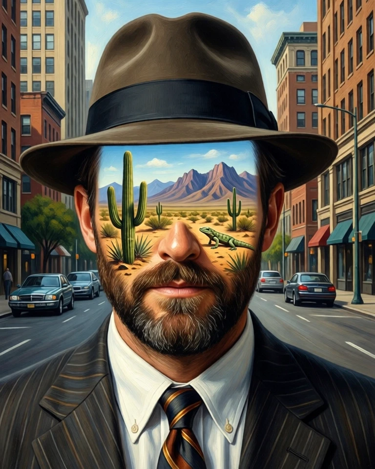 Example result. Prompt: very close portrait of a man wearing a suit jacket, necktie and fedora, with a downtown street behind him. where his head and neck…