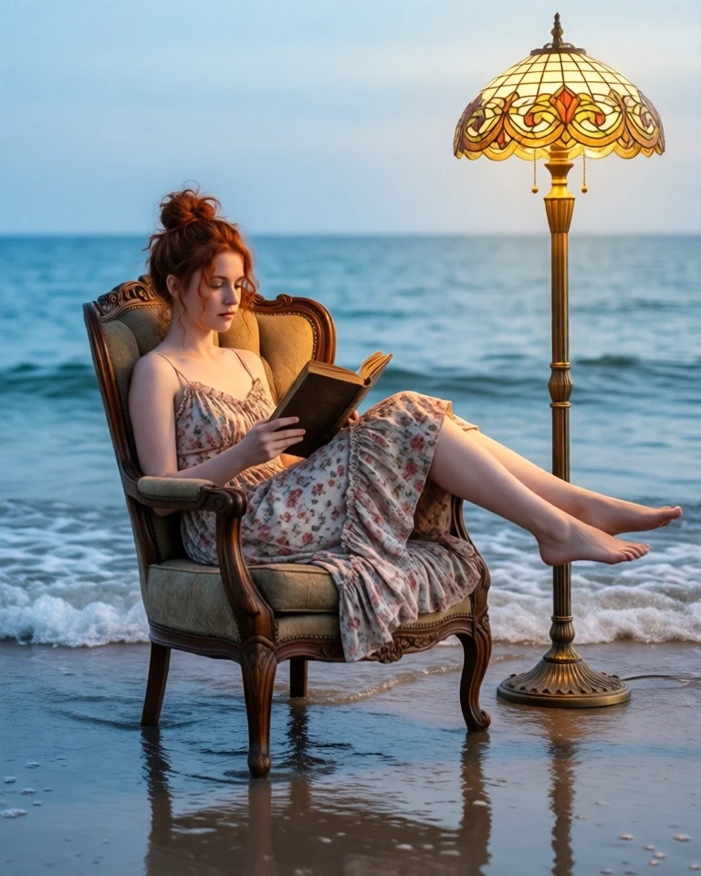 Example result. Prompt: Young woman with wavy red hair up in a messy bun, wearing a spaghetti strap sundress with a floral country print and ruffles,…