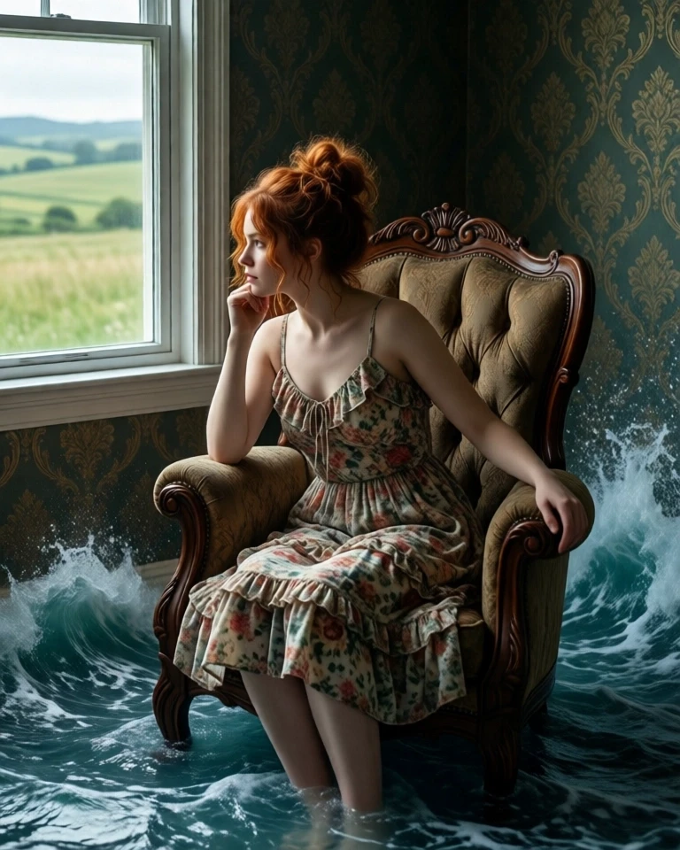 Example result. Prompt: Young woman with wavy red hair up in a messy bun, wearing a spaghetti strap sundress with a floral country print and ruffles,…
