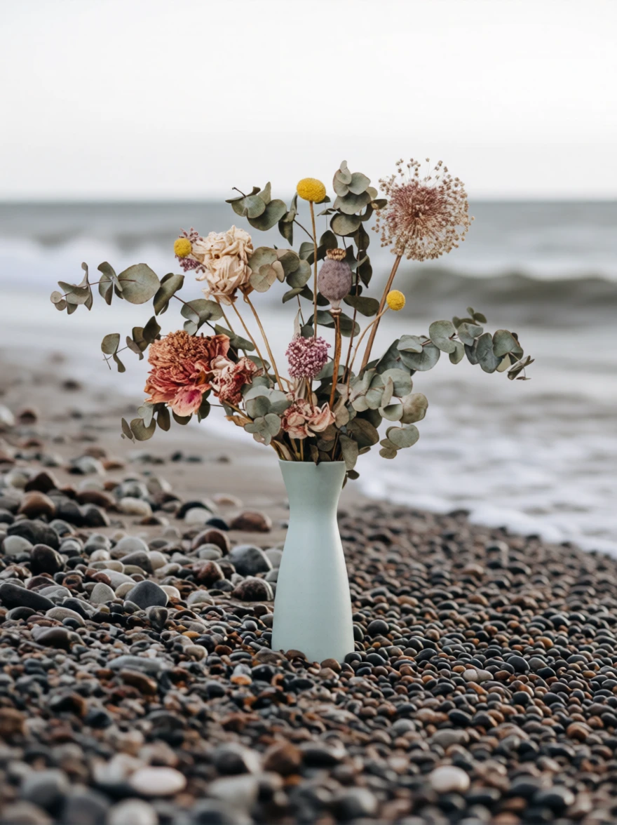 Example result. Prompt: add the vase of flowers to the rocky beachNegative Prompt: -Guidance Scale: 1.0