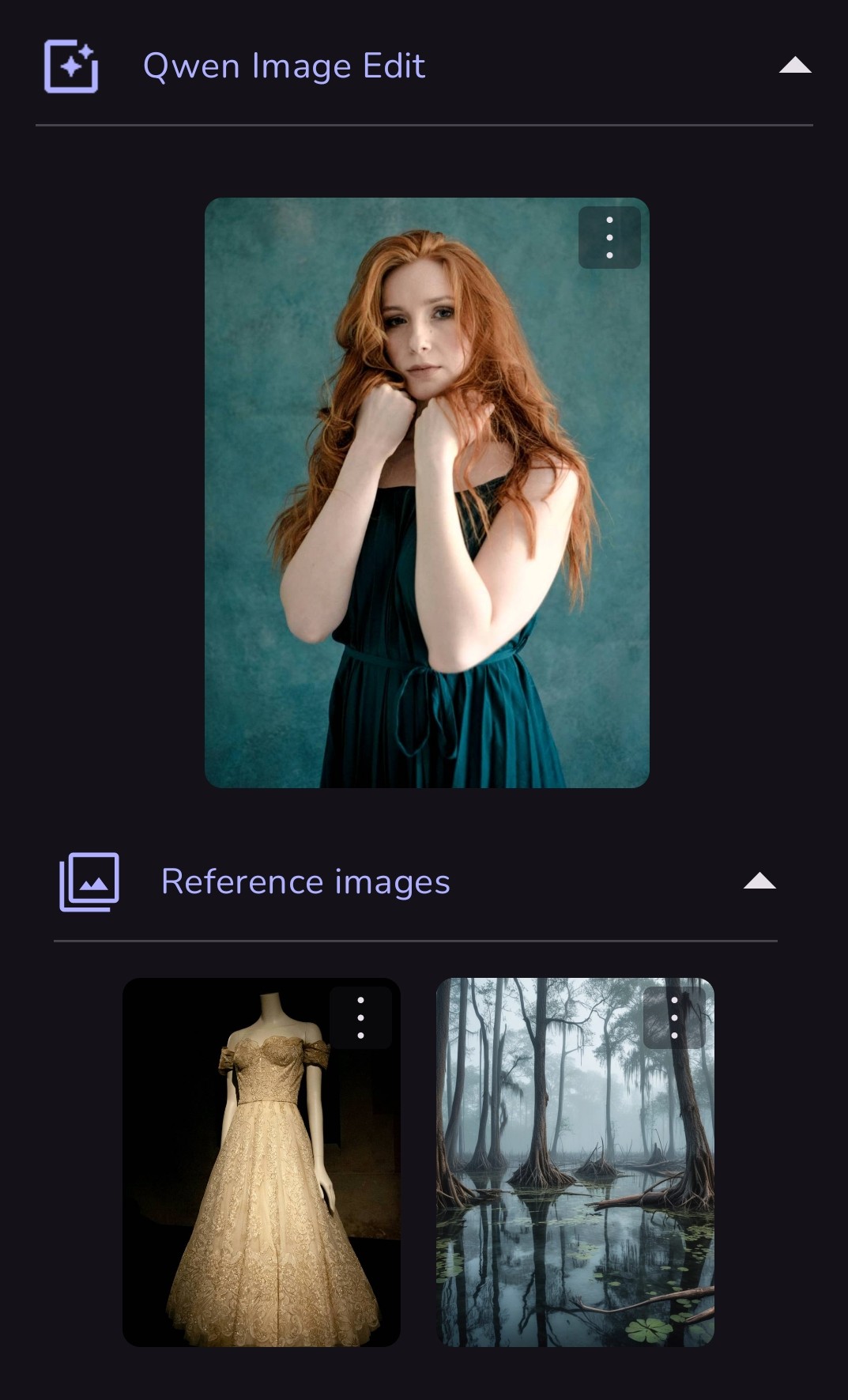 Example result. Prompt: the woman should be wearing the lace gown and standing in the swamp. close portrait. Negative Prompt: -Guidance Scale: 1.0