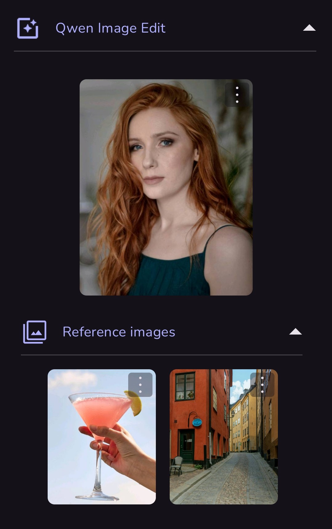 Example result. Prompt: give the girl from image 1 a pale pink fuzzy sweater, have her holding the cocktail from image 2, standing in the urban setting from…