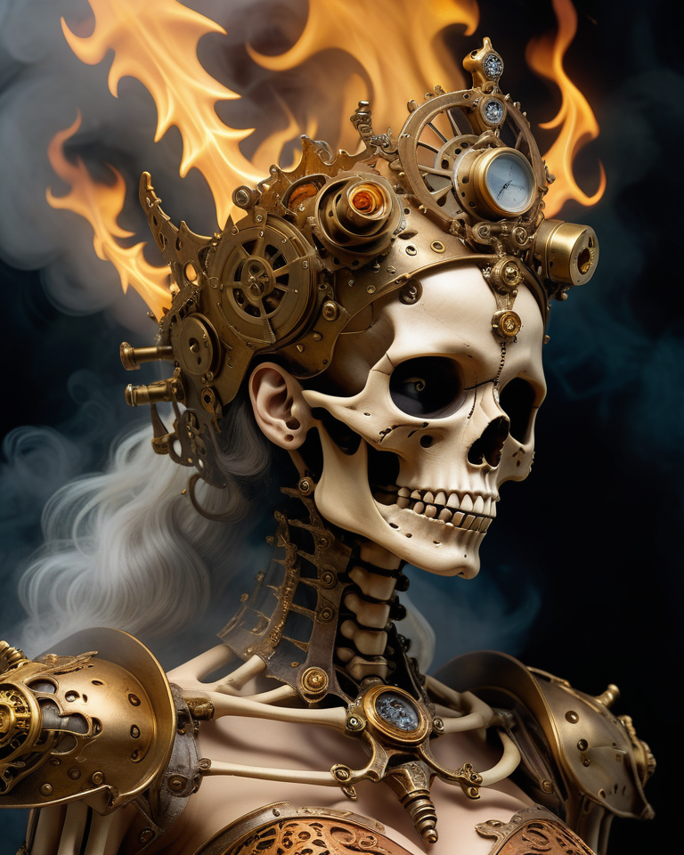 Example result. Prompt: steampunk-inspired baroque rendition of a skeleton queen, (close up face profile), scull and chest bones, surrounded by flames of fog,…