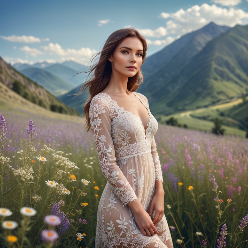 Example result. Prompt: beautiful woman standing in a field of wildflowers, beautiful hillsides and mountains in the background, wearing a lace dress, close…