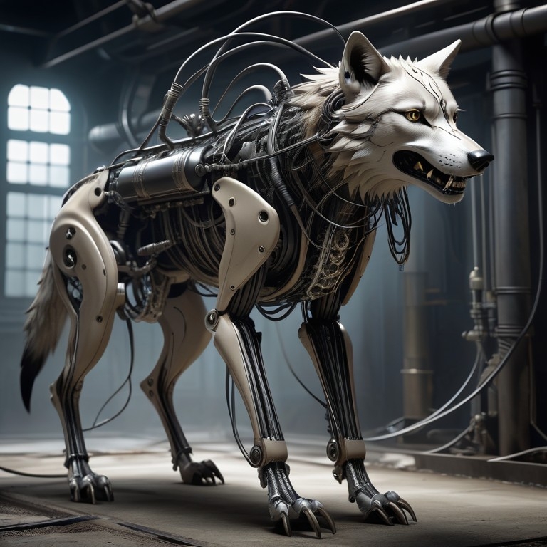 Example result. Prompt: biomechanical wolf with a grotesque visage, haunting and surreal, his head is grotesque fusion of bone and machinery, a nightmarish…