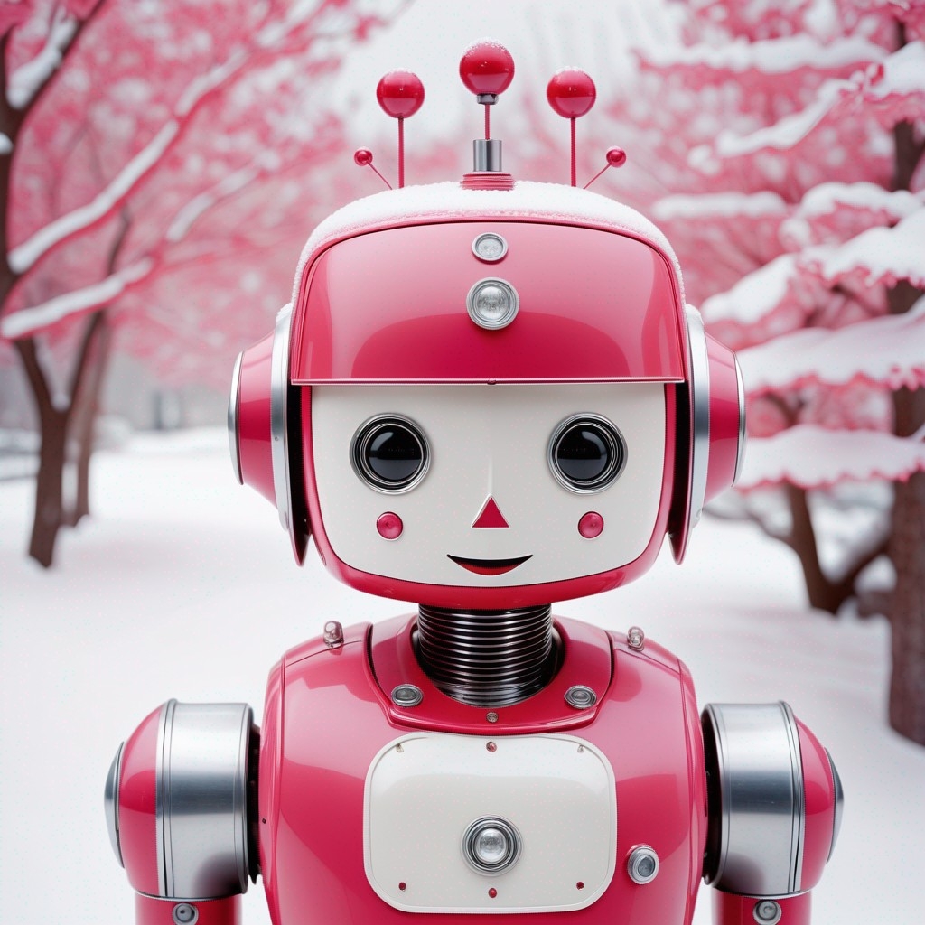Example result. Prompt: cute+ robot with a simple modular design, happy, pink/red, (in a winter world), film grain, (Erwin Blumenfeld:1.2) Negative Prompt:…