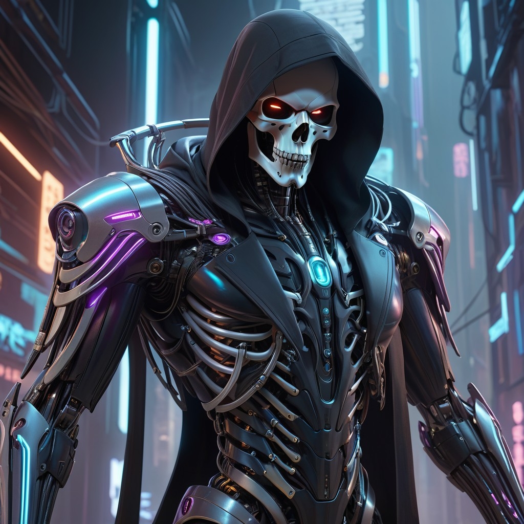 Example result. Prompt: futuristic cyberpunk concept art, cyborg grim reaper, gleaming, deadly, cold, hostile, skeletal, iridescent, chroma, rim lighting,…