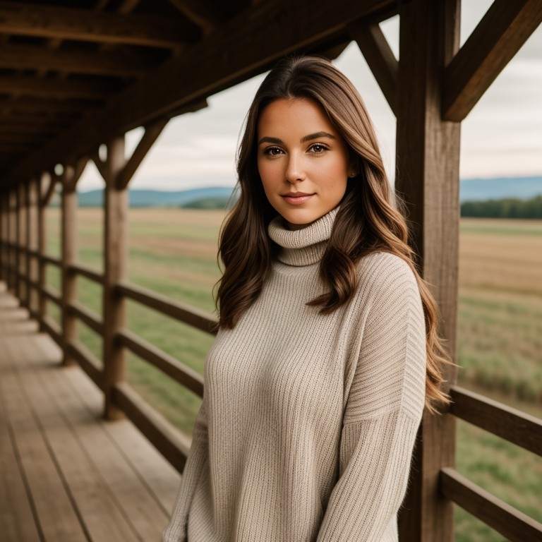 Example result. Prompt: beautiful woman wearing a ribbed turtleneck sweater, standing by an old barn, beautiful face, overlooking a beautiful view, portrait,…