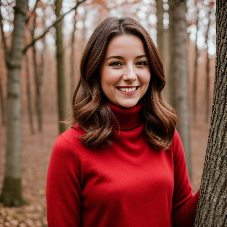 Example result. Prompt: beautiful woman, laughing, wearing a brick red turtleneck, standing in a forest of red maple trees, close up, portrait, high detail,…
